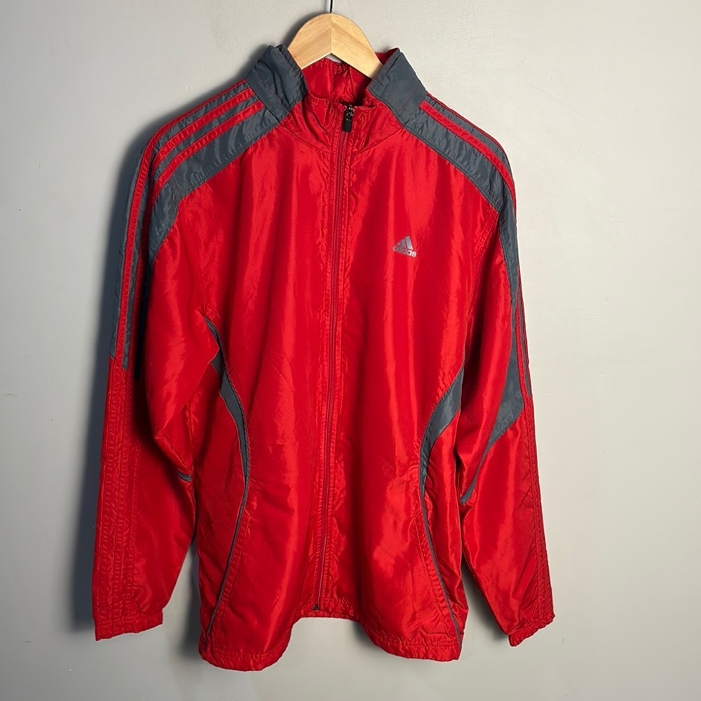 ADIDAS Men's Full-Zip Thin Jacket Red and Grey with Zip Collar Hood Size M